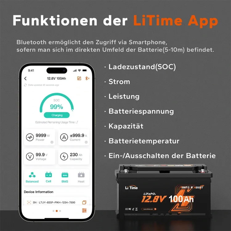 12V 100Ah H190 Deep Cycle LiFePO4 батерия с Bluetooth