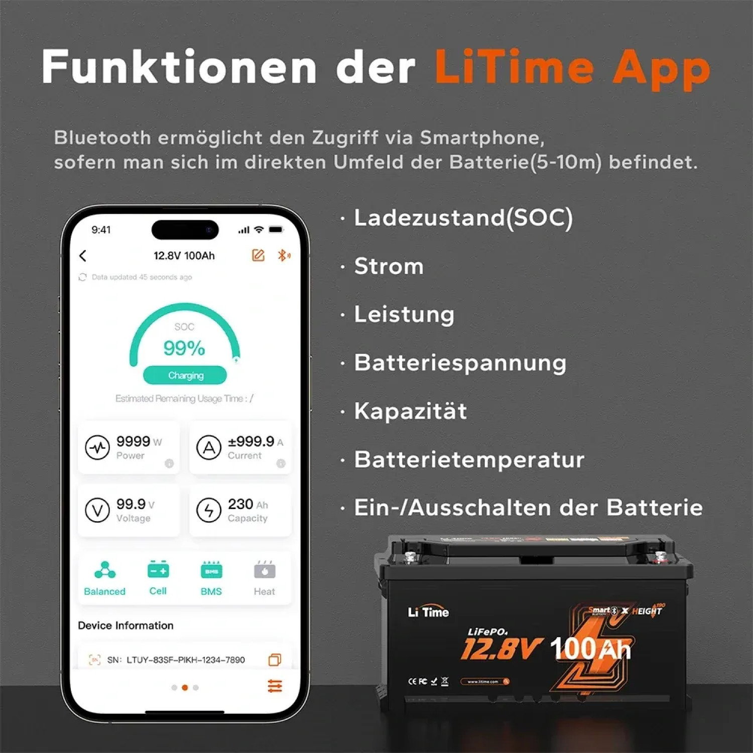 12V 100Ah H190 Deep Cycle LiFePO4 батерия с Bluetooth