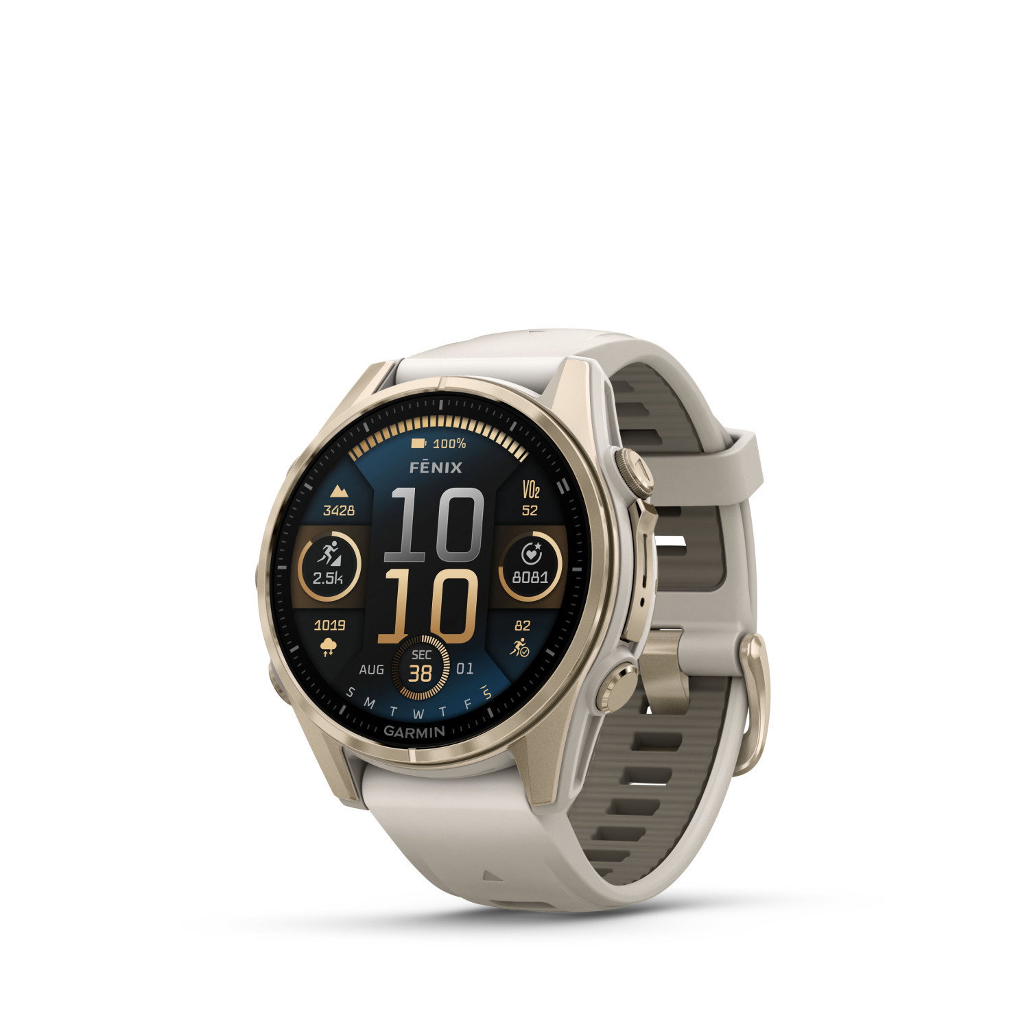 FĒNIX® 8 - 43 мм, AMOLED - FĒNIX® 8 - 43 мм, AMOLED, Sapphire - Soft Gold с Fog Gray/Dark Sandstone силиконова каишка