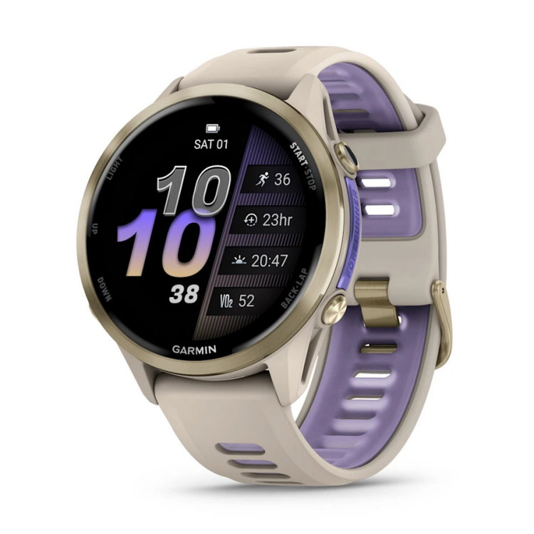 Forerunner® 970 - Forerunner® 970 - Soft Gold Titanium с French Grey корпус и French Grey/Translucent Indigo каишка