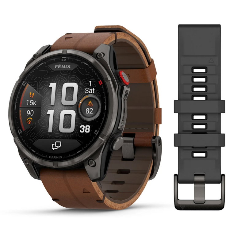 fēnix® 8 Pro – 47 мм, AMOLED - fēnix® 8 Pro – 47 mm, AMOLED, Sapphire - Carbon grey DLC titanium с Chestnut кожена каишка